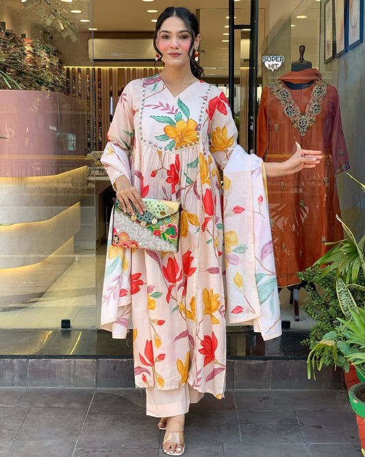New Beautiful Printed D Cotton Stylish Kurti With Pant & Dupatta