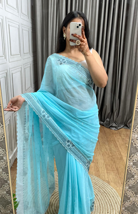 Stylish Soft Georgette Saree With Rich Diamond Silver Work Border