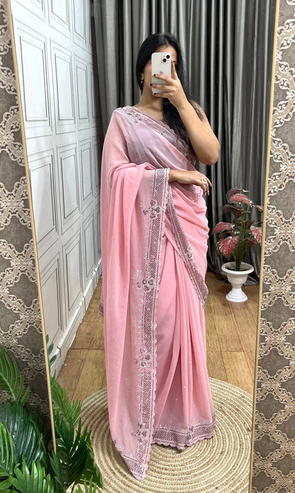 Stylish Soft Georgette Saree With Rich Diamond Silver Work Border