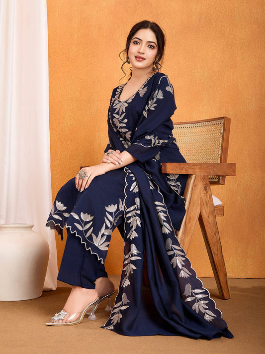 Festive Special Vichitra Silk Kurti With Multi Sequence Work With Pant & Dupatta