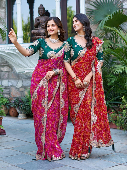 Festive Pure Bandhrej Saree With Heavy Pitta & Gota Patti Work