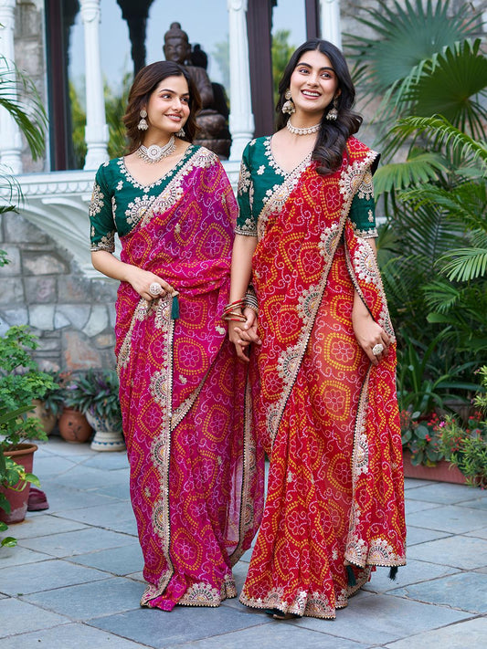 Festive Pure Bandhrej Saree With Heavy Pitta & Gota Patti Work