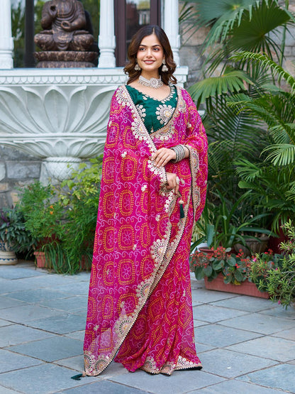 Festive Pure Bandhrej Saree With Heavy Pitta & Gota Patti Work