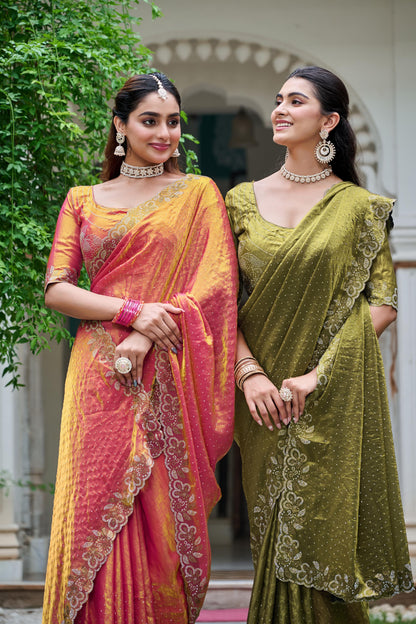 Festive Fancy Pure Fendi Silk Saree With Heavy Diamond Work