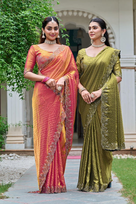 Festive Fancy Pure Fendi Silk Saree With Heavy Diamond Work
