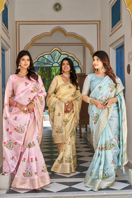 Festive & Party Pure Kota Fabric Saree With Heavy Embroidery Thread Work & Jacquard Border