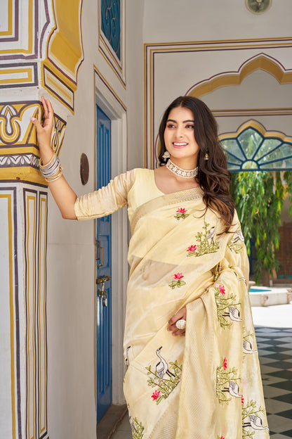 Festive & Party Pure Kota Fabric Saree With Heavy Embroidery Thread Work & Jacquard Border