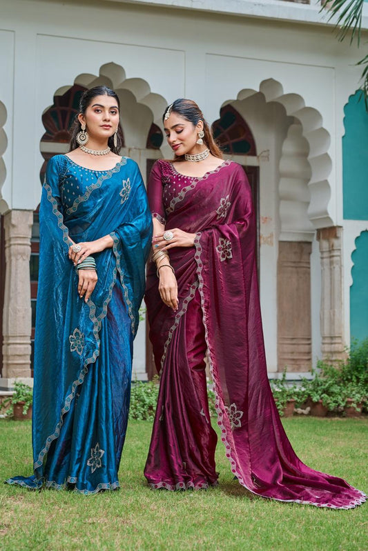 Festive Fancy Pure Fendi Silk Saree With Heavy Diamond Work