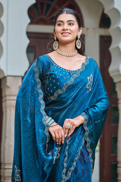 Festive Fancy Pure Fendi Silk Saree With Heavy Diamond Work