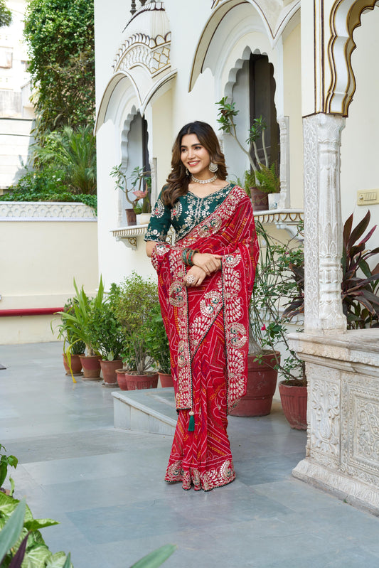 Festive Pure Bandhrej Saree With Heavy Pitta & Gota Patti Work
