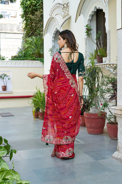 Festive Pure Bandhrej Saree With Heavy Pitta & Gota Patti Work