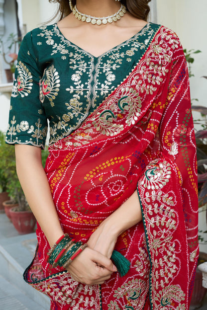 Festive Pure Bandhrej Saree With Heavy Pitta & Gota Patti Work