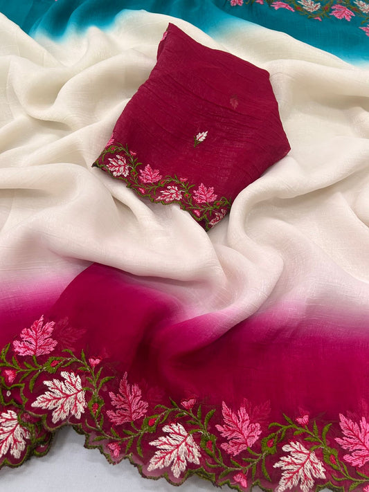 Pure Soft Crunchy Saree With Embroidery & Cut Work Finishing