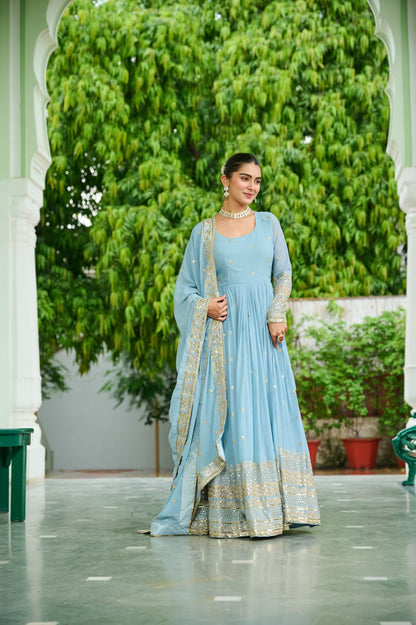 Wedding & Party Ready Faux Georgette With Rich Sequins And Embroidered Work Gown & Dupatta Set