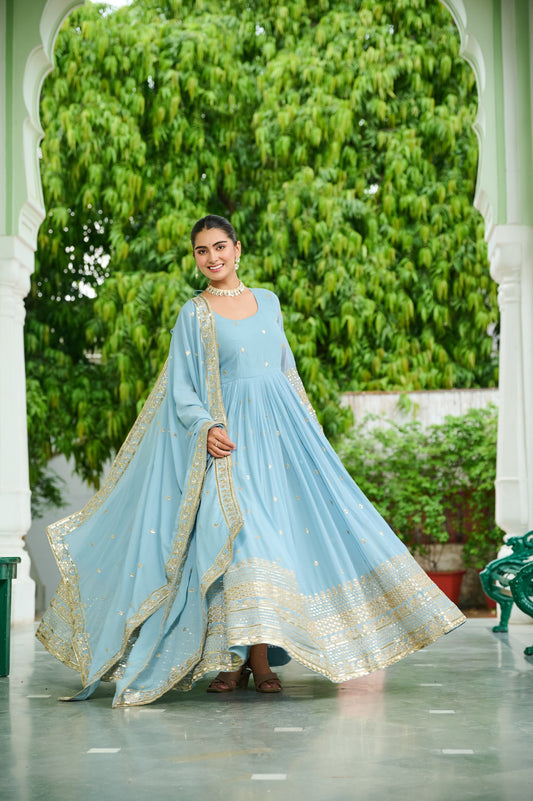 Wedding & Party Ready Faux Georgette With Rich Sequins And Embroidered Work Gown & Dupatta Set