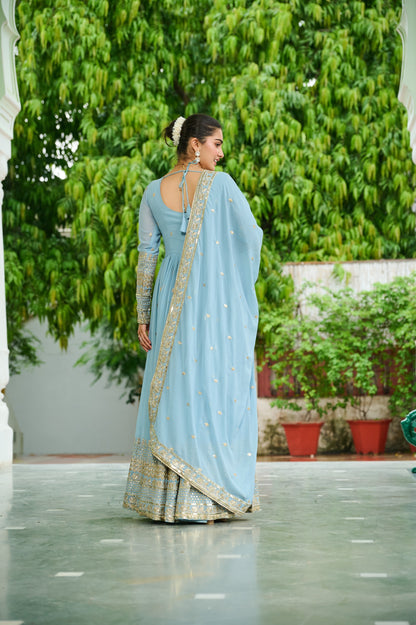 Wedding & Party Ready Faux Georgette With Rich Sequins And Embroidered Work Gown & Dupatta Set