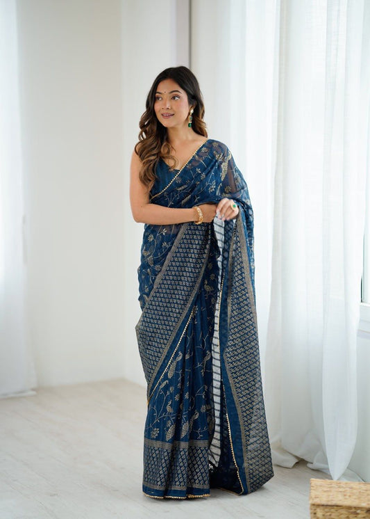 Beautiful Stylish Print Soft Georgette Saree With Foil & Lace Work Border