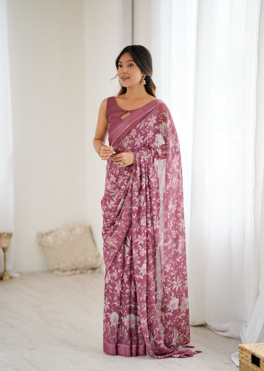 Beautiful Trending Pastel Colours Bright Moss Satin Printed Saree