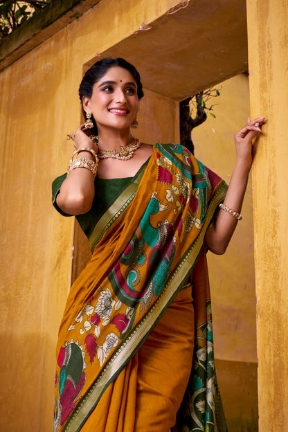 Traditional Kalamkari Print Viscose Chanderi Saree With Zari Weaving Work