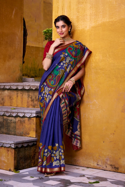 Traditional Kalamkari Print Viscose Chanderi Saree With Zari Weaving Work