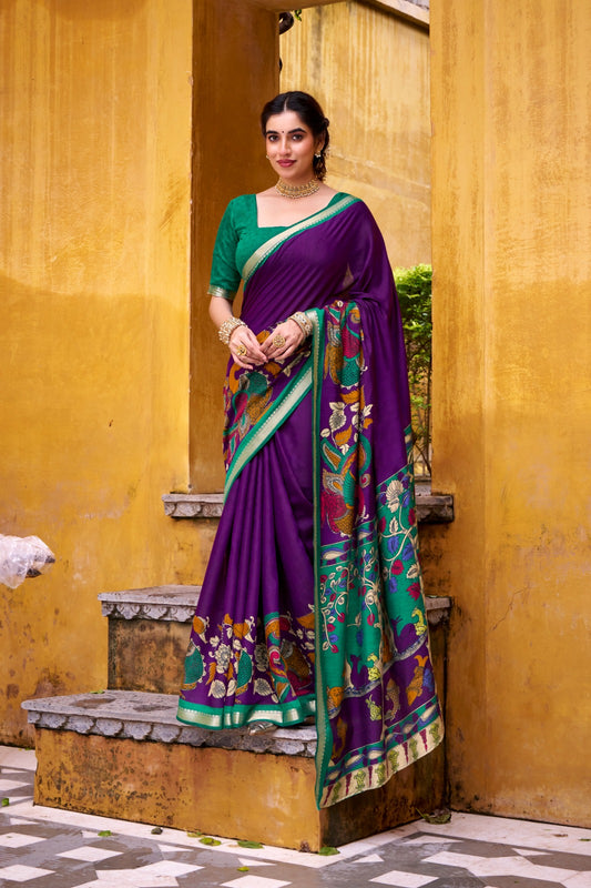 Traditional Kalamkari Print Viscose Chanderi Saree With Zari Weaving Work