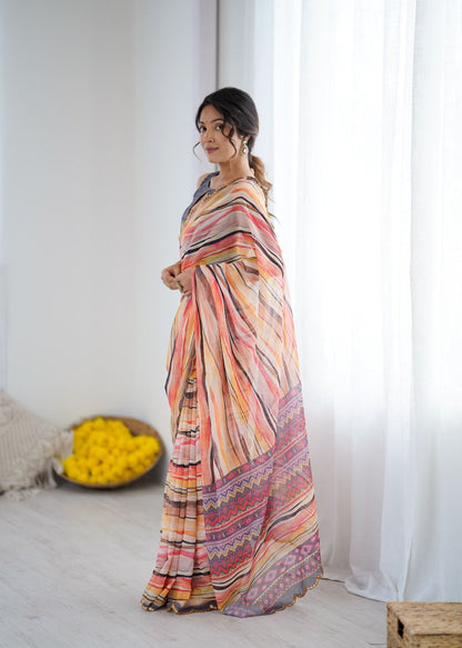 Stylish Print Soft Georgette Saree With Mirror Work Border