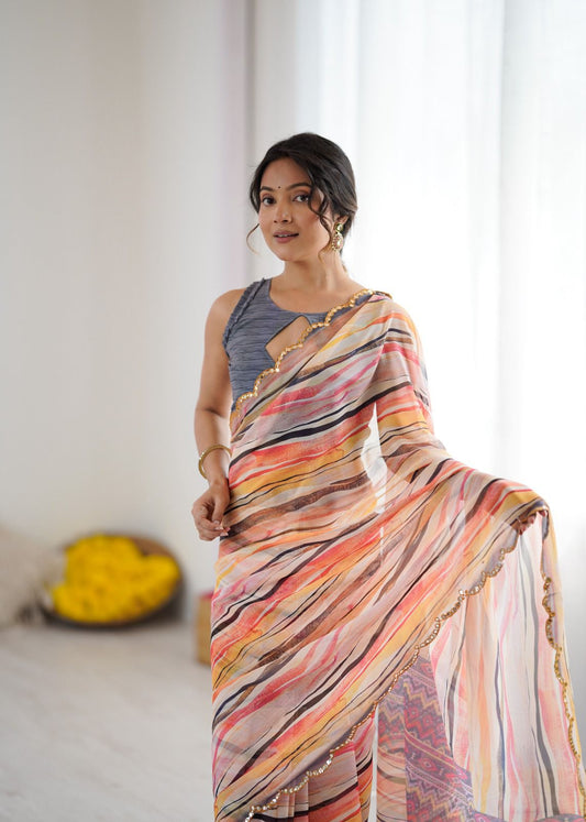 Stylish Print Soft Georgette Saree With Mirror Work Border