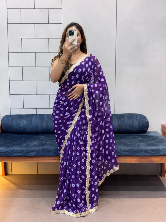 Special Soft Georgette Leheriya Bandhej Print Saree With Coding Embroidery Sequence Lace Work
