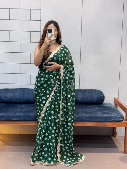 Special Soft Georgette Leheriya Bandhej Print Saree With Coding Embroidery Sequence Lace Work