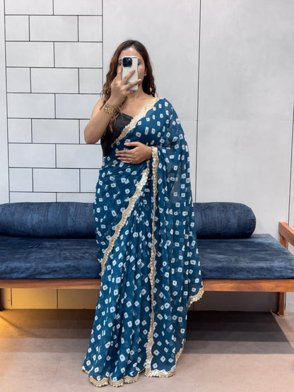 Special Soft Georgette Leheriya Bandhej Print Saree With Coding Embroidery Sequence Lace Work
