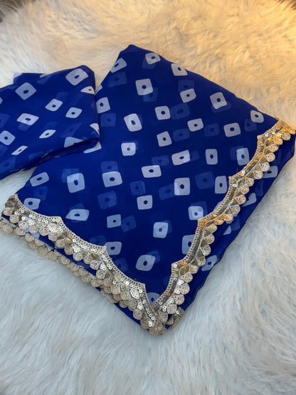 Special Soft Georgette Leheriya Bandhej Print Saree With Coding Embroidery Sequence Lace Work