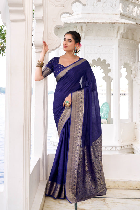 Traditional Stylish Pure Chinon Printed Saree With Zari Weaving Work