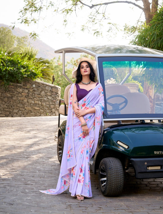 Stylish Charm Weightless Marble Fabric Printed Saree With Pearl Lace Border Work