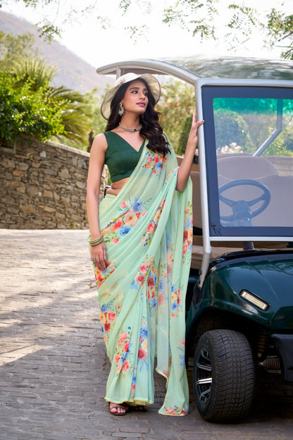 Stylish Charm Weightless Marble Fabric Printed Saree With Pearl Lace Border Work
