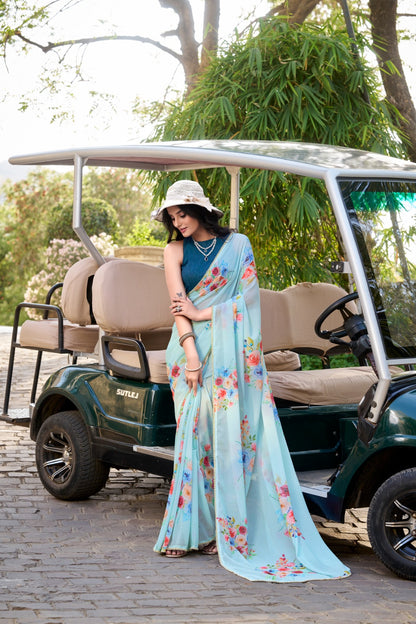 Stylish Charm Weightless Marble Fabric Printed Saree With Pearl Lace Border Work