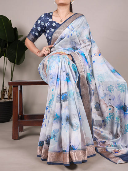 Pure Tussar Silk Floral Print Saree With Viscose Border