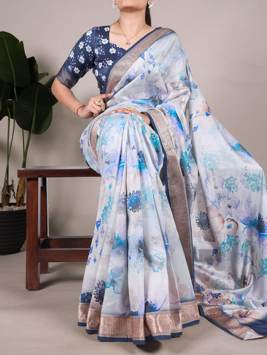 Pure Tussar Silk Floral Print Saree With Viscose Border