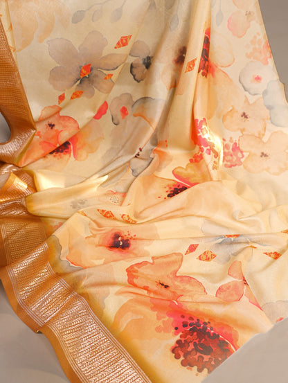 Pure Tussar Silk Floral Print Saree With Viscose Border