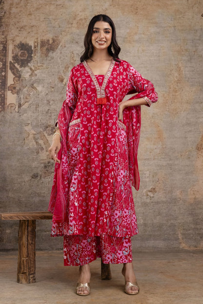 Premium Pure Soft Cotton Embroidered & Sequin Work A-Line Kurta Suit Pant With Dupatta