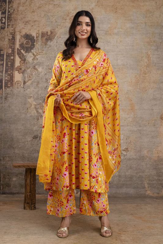 Premium Pure Soft Cotton Embroidered & Sequin Work A-Line Kurta Suit Pant With Dupatta