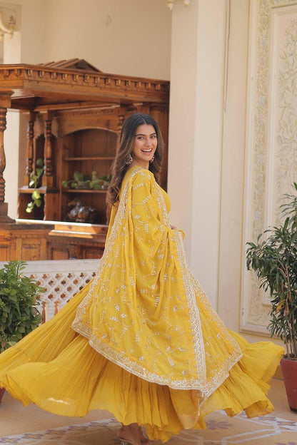 Wedding & Festive Ready Faux Georgette With Rich Sequins And Embroidered Work Gown & Dupatta Set