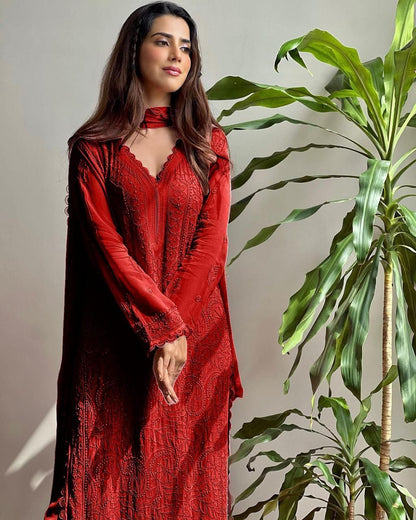 Stylish Faux Georgette Chikankari Embroidery & Lace Work Kurti Pant With Dupatta Set