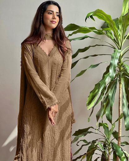 Stylish Faux Georgette Chikankari Embroidery & Lace Work Kurti Pant With Dupatta Set