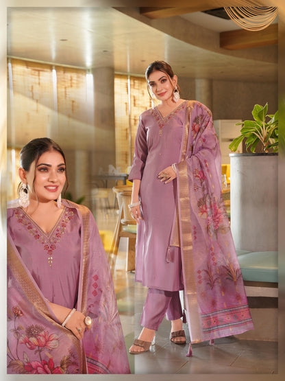 Designer Roman Silk Embroidery Hand Work Coral Pink Kurti Pant With Dupatta Set