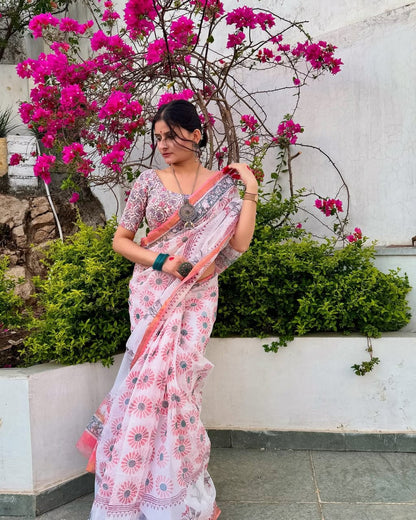 Premium Pure Kota Doria Printed Saree With Blouse