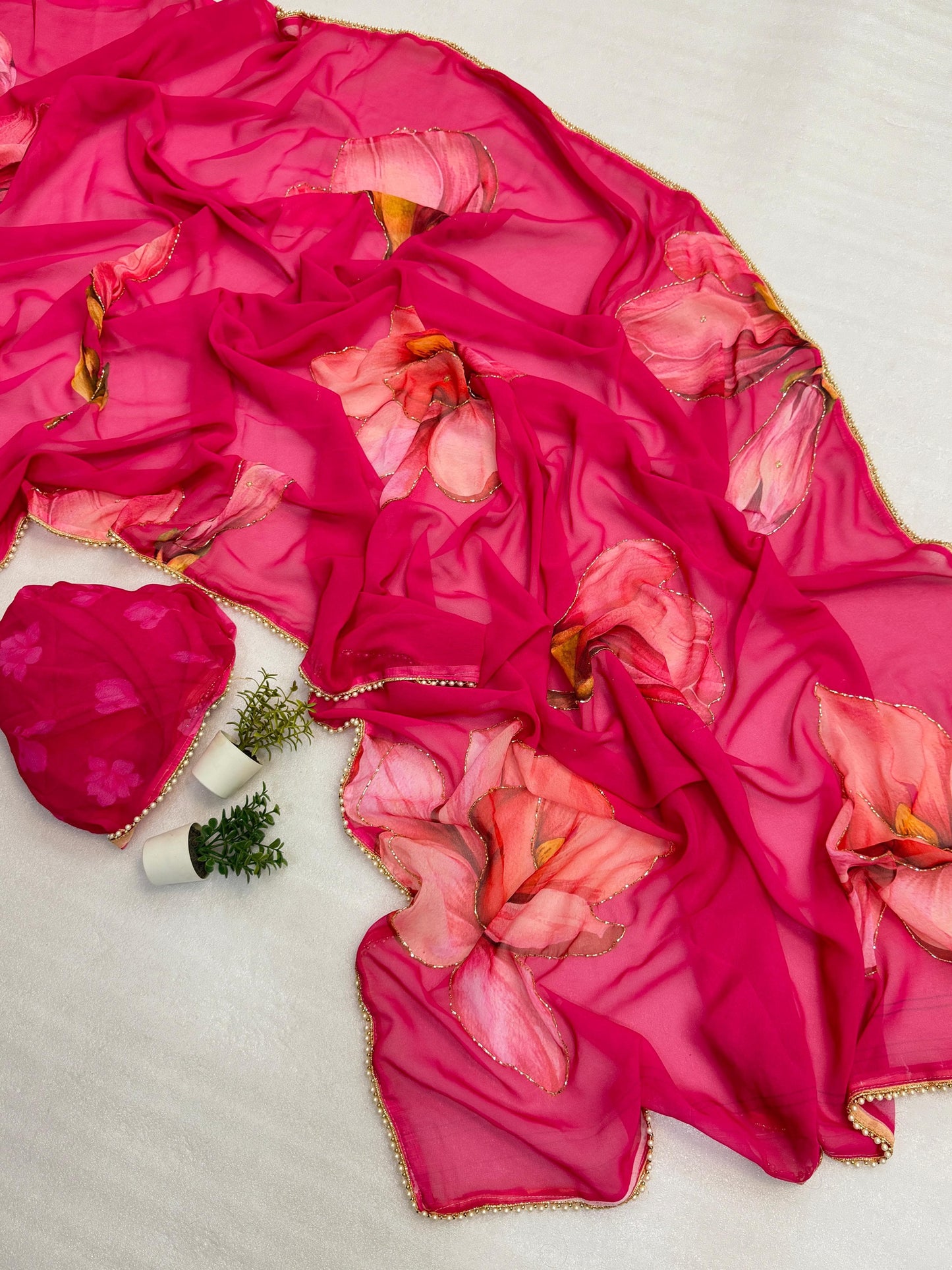 Premium Soft & Smooth Chiffon Floral Print Saree With Handwork & Moti Lace Border