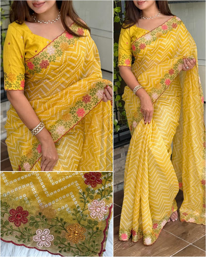 Special Bandhej Print Soft Cotton Satin Saree With Embroidery & Zari Work
