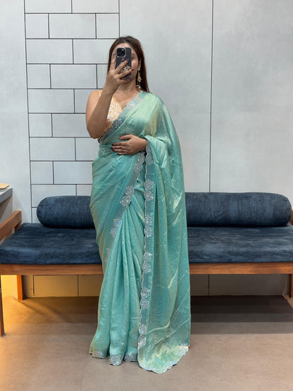 Stylish Trendy Rich Space Silk Saree With Heart Cut Dana & Diamond Work Border