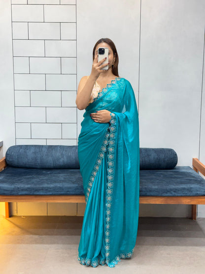 Stylish Trendy Rich Space Silk Saree With Flower Port Cut Dana & Diamond Work