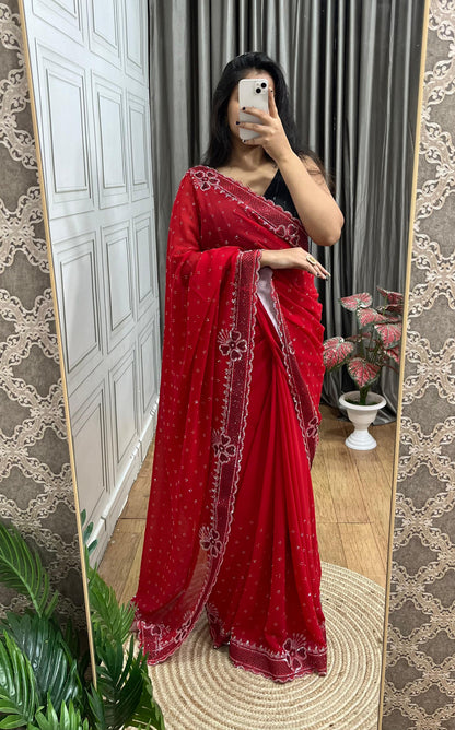 Stylish Soft Georgette Saree With Rich Diamond Silver Work Border